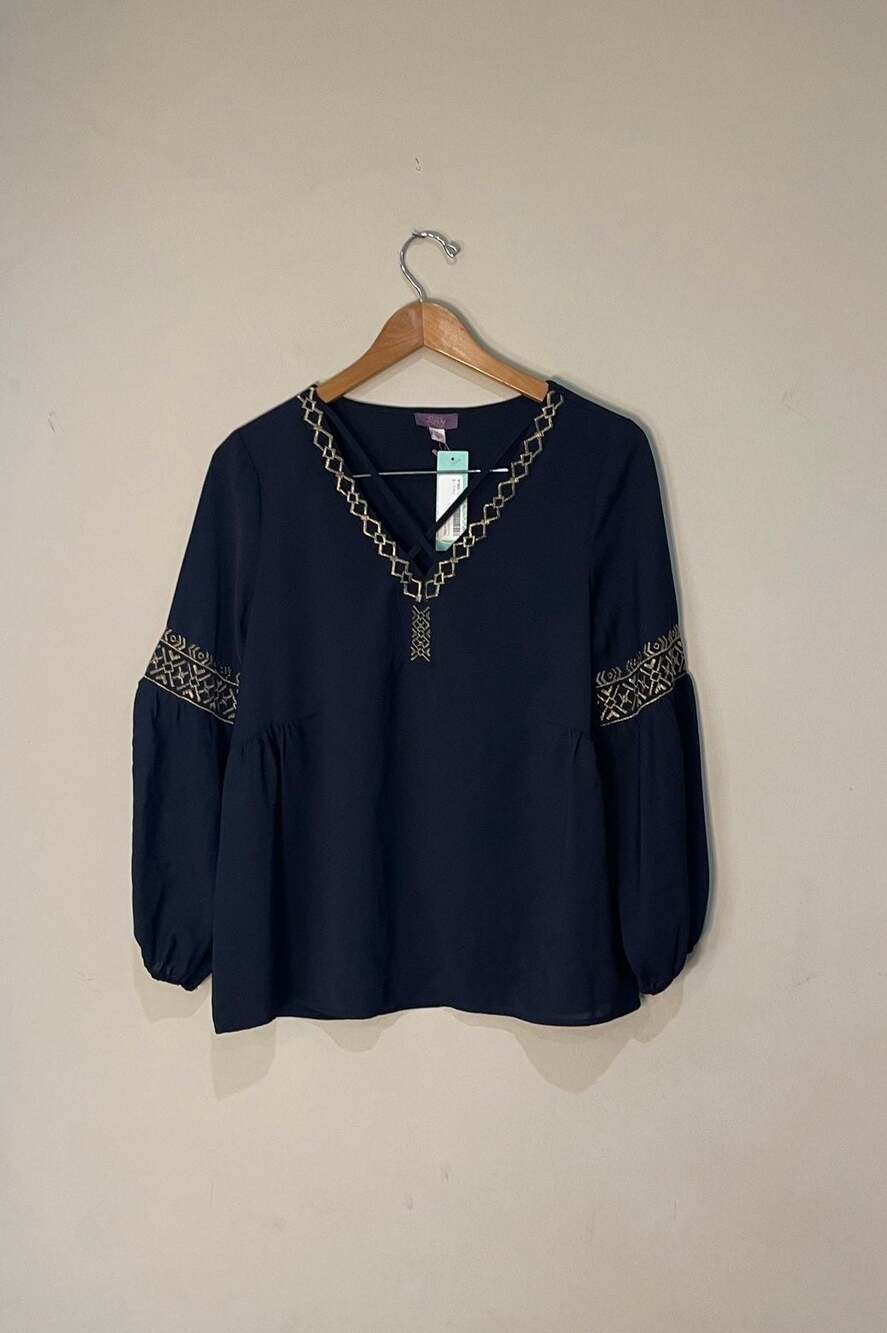Truly Poppy Navy Blue Gold Embroidered V-Neck Blouse Size S